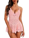 RSLOVE Babydoll Dessous für Frauen Spitze Chemise Sexy Nachtwäsche Kleid Rosa Small