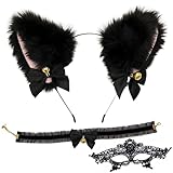 Melldrry 3 Stück Katzenohren Haarreif, Fuchsohren Stirnband Haarnadel, Anime Katze Cosplay, Niedlich Haarschmuck,Plüsch Haarreifen für Kinder Und Damen, Cat ears für Halloween Cosplay Schwarz