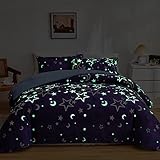 GETIYA Lila Bettwäsche 135x200 Kinder Bettwäsche Stern Mond Leuchtend im Dunkeln Einzelbett Bettbezug Violett Blau Wendebettwäsche Damen Mädchen Bettwäsche Weich Deckenbezug mit Kissenbezug 80x80