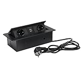 Atsoya Versenkte Steckdose mit 2 USB Steckdosenleiste Versenkbar 2fach, Einbausteckdose Tischplatte Versenkbar für Arbeitsplatte Sofatisch Heim Büro, 1.8M Kable, Schwarz