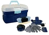 PFIFF 100576 Putzkiste mit Inhalt, Kinderputzbox, 6-teiliges Putzzeug für Kinder, Pferdepflege, Blau