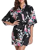 Vlazom Kimono Satin Robe Morgenmantel Kurz V-Ausschnitt Bademantel mit Gürtel Kimono Robe für Damen(XXL,Schwarz