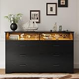 IRONCK Kommode Schwarz mit 6 Schubladen, Komodenschrank mit LED-Streifen und 2 Steckdosen, 1 USB+1 Typ-C-Anschlusse, Schubladenschrank für Schlafzimmer, Wohnzimmer, Arbeitszimmer Flur, 150cm Breite