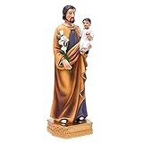 QIANLING St. Joseph Statue 20 cm - Religiöse Heiliger Josef Figur mit Jesuskind, handbemalte Kunstharz Heiligenfigur auf Sockel, katholische Deko für Hausaltar, Wohnzimmer & religiöse Geschenke