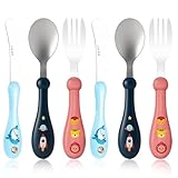 EJRUP Baby Gabel und Löffel Set,6-teilig Kinderbesteck ab 1 Jahr,2 x Gabeln, 2 x Messer, 2 x Esslöffel,Kinder Besteck Plastik Edelstahl,Selbsternährende Lernutensilien(Tierwelt)