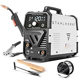 STAHLWERK Schweißgerät Mini FLUX 120 ST Digital – Fülldrahtschweißen (FLUX) ohne Schutzgas bis 120 A, kompakt mit synergischem Drahtvorschub und LED-Licht, Lift-TIG- und MMA/E-Hand-Funktion (ARC)