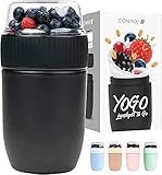Coninx Müslibecher to go - Essensbehälter für frische Mahlzeiten unterwegs - Auslaufsicherer Joghurtbecher to go mit 2 Trennfächern - Vielseitiger Müsli to go Becher für Arbeit, Schule, Kiga (Schwarz)