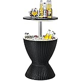 Giantex Cooler Bartisch, 8 Gallonen Bier- und Weinkühler, Rattan-Stil Terrasse Bar Tische Höhenverstellbar, 3-in-1 Eiskühler mit Drainage-Stöpsel, Outdoor Cocktailtisch für Deck Pool Party (Braun)