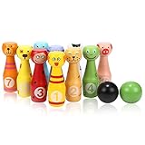 Jacootoys Kegelspiel 10 teiliges Kegel und 2 Bälle Bowling Set für Junge Mädchen Kinder Spielzeug aus Holz Drin Draußen ab 3 Jahren