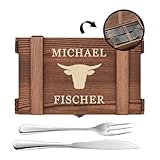 Maverton Steakbesteck 12-teilig - 6 Steakmesser und 6 Steakgabel - Edelstahl Grillbesteck in Holzkiste - personalisierte Geschenke für Männer - Besteck Set für 6 Personen