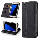 Leaisan Handyhülle für Samsung Galaxy S7 Hülle Premium Leder Flip Klappbare Stoßfeste Magnetische [Standfunktion] [Kartenfächern] Schutzhülle für Samsung Galaxy S7 Tasche - Schwarz