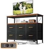 ODK Kommode mit Schubladen,2 USB & 2 AC-Anschlüssen,Multifunktionaler Sideboard Geeignet Für Schlafzimmer, Wohnzimmer, Flure und Restaurants,Stabile und Langlebige Schubladenschrank,Retro-Farbe