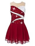 iEFiEL Mädchen Eiskunstlauf Kleid Glitzer Ärmellos Ballettkleid mit Strass Trikotanzug Kinder Tanzkleid Wettbewerb Tanzkostüm Rot 134-140