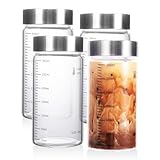 MUJUZE Glasflaschen mit Edelstahl Deckel,4er Smoothie Gläser Sets mit Messskala,Smoothie Becher to go für Säfte,Smoothies,Milch,Glas-Saftflaschen,BPA-frei,Wiederverwendbar Glaswasserflasche