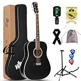 Winzz Schwarz Akustikgitarren 4/4, Anfänger Gitarren 41 Zoll mit Gitarrentkoffer, Stimmgerät, Gurt, Plektren, Extra Saite und Gitarrenständer