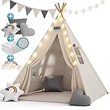 Spielwerk® Kindertipi Spielzelt Baumwolle 130x130x160cm Bodenmatte Girlande Lichterkette 3 Kissen Holz Stabilisierung Tragetasche Kinderzelt weiß