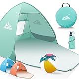 TOM Pop Up Strandmuschel mit UV Schutz LSF 50+, Windschutz, Stabilität, Belüftung – 2-3 Personen – Für Strand, Camping und auf Reise – blau, Mint-grün & orange – Plus Wasserball (Mint)