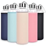 Ferexer wasserflasche Glas 1l mit Tragehenkel, 1000ml trinkflascheGlas Auslaufsicher BPA-frei, großes Wasserglas für Kaffee, Tee, Saft, Milch, mikrowellen- und spülmaschinengeeignet (1 Stück, Beige)