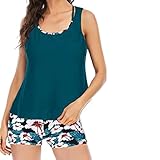 Frauen Tankini Badeanzüge für Frauen 3-teilige Badeanzüge Swim Tank Top mit Boy Shorts und BH Bademode T Shirt Herren Pack (Green, S)