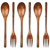 6 Stück Holzbesteck Holzlöffel Holzgabeln Besteck-Set, Wiederverwendbares Suppenkelle Gabel, Braun Vintage Style Holzbesteck-Sets zum Salat Rühren, Kochen, Catering