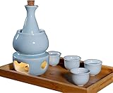 Sake-Set Und Tassen Mit Wärmer, Traditionelles Japanisches Porzellan-Hot-Saki-Getränkeset, 8-Teilig, Inklusive 1 Herd, 1 Warmhalteschüssel, 1 Sake, Flasche, 4 Tassen Und 1 Tablett, Weiß