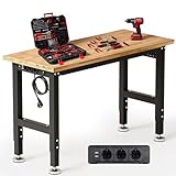 TLGREEN Schwerlast Werkbank aus Gummibaumholz, 122cm Arbeitstisch 5-stufig Verstellbare Höhen, Werktisch mit Steckdosen und Stecktafel, 907kg Tragkraft,4 PCS Füße, Garagentisch für Werkstatt Büro Haus