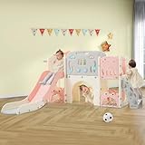 11 in 1 Kleinkinderrutsche Kinder Rutsche mit Basketballkorb, Spielgestell für Kinder, Bogen-Tunnel und unabhängiges Teleskop Rutsche (Rosa)