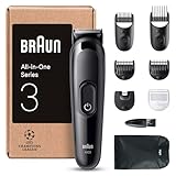 Braun All-in-One Series 3, 8-in-1 Multigroom, Barttrimmer, Nasenhaartrimmer, Haarschneider, Haarschneidemaschine für Gesicht und Kopf, 50 Min Akku, 14 Längen (3–21 mm), Wasserdicht, AIO3545, Schwarz