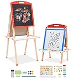 Arkyomi tafel kinder staffelei holz,kindertafel Doppelseitige kreidetafel und whiteboard set höhenverstellbar maltafel mit papierrolle spieltafel standtafel mit zubehör ab 3 4 5 6 jahre