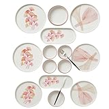 Kitchen Life 14-teiliges Frühstücksset für 6 Personen – Karo Stackable Serie aus Kütahya Keramik – Handgefertigtes, hochglänzendes & stapelbares Keramikgeschirr (Pink)