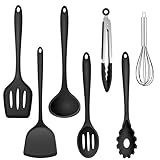 TEAMFAR Küchenhelfer, 7 Stück Silikon Küchenutensilien Küchenset, Antihaft Hitzebeständiger Kochbesteck Set mit Pfannenwender für Kochen, Ungiftig, Einteiliges Design & Leicht zu reinigen, Schwarz