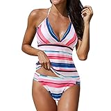 Push up Bikini Sets für Damen 2026 Damen Split Badeanzug, gestreifter, Mehrfarbig bedruckter Tankini Badeanzug, zweiteiliges Set Camp T Shirt
