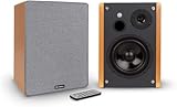 auna Linie 500 A Regallautsprecher, Paar, Aktivboxen, Leistung: 2 x 60 Wmax. / 2 x 30 W RMS, Woofer: 5' (12,5 cm), Tweeter: 1' (2,5 cm), Bluetooth-Streaming, USB-/SD-Port für MP3,Holz-Optik/schwarz