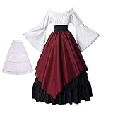 BPURB Damen Mittelalter Kleidung Renaissance Kostüm Kleid Trompete Ärmel Viktorianische Kleider (Hemd und Rock mit Petticoat) (Schwarz/Rot, M)