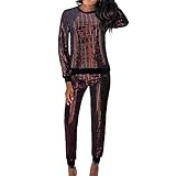 KBOPLEMQ 2 Stück 80er Jahre Party Kleidung Sets für Damen Glitzer Pailletten Outfits Metallic Glänzend Pullover Tops + Wide Leg Hosen Sparkly Sets Beiläufige Hip Hop Festival Clubwear Anzug Outfits