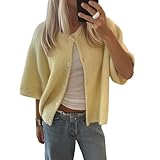Geagodelia Damen Strickjacke Kurz Elegante Kurzarm Strick Cropped Cardigan Pullover Strickpullover Strickweste Y2k Sweater Knitted Top Herbst Frühling (A - Gelb, L)