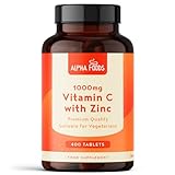 Vitamin C Hochdosiert 1000mg + Zink 15mg | 400 Tabletten für 1+ Jahr | Laborgeprüft, vegetarian, ohne unnötige Zusatzstoffe | in Deutschland hergestellt | Unterstützung des Immunsystems | Alpha Foods