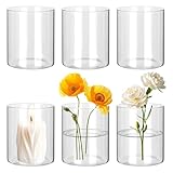 BUCOMTU 6 Stück Glasvase, 10 × 8.5cm Kleine Vasen, Kleine Glasvasen für Tischdeko, Hoch Blumenvasen, Kerzengläser Glaszylinder für Tischdeko, Frische Blumen, Kerzen und Aromatherapie