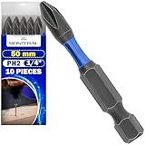 10 Stück Schlagschrauber Bit Set PH2 x 50 mm und 1/4 Zoll Sechskantschaft - Bitsatz für Akkuschrauber mit Torsionszone - Bitset ist Hergestellt aus S2 Legiertem Stahl - MONTERAL