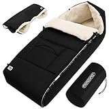 MONZANA® Baby Fußsack für Kinderwagen mit Handwärmer Winter Reflektoren Reißverschluss Tasche Waschbar Buggy Babyschale Kuschelig Schwarz