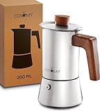 Cosumy Espressokocher aus Edelstahl und nachhaltigem Eichenholz - 4 Tassen - Induktion und alle Herdarten geeignet - 200ml Klein