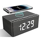 ANJANK Radio wecker Digital mit kabelloses Laden,10W Fast Wireless Charger for iPhone/Android Phone,USB-Ladegerät und dimmbares LED-Display,Netzbetrieb,Batterie Backup,Lautsprecher,Hölzerner（grau）