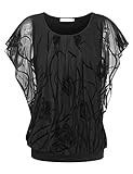 BAISHENGGT Damen Sommer Netz Bluse Flatter Kurzarm Tshirt Rundkragen Falten Elegant Oberteile Top Blusen Schwarz-Tulpe XL