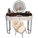 Modernes Schminktisch-Set mit dimmbarem Lichtspiegel, 2 Schubladen, Glastischplatte und Hocker, ideal für Frauen und Mädchen, Schlafzimmer, Studio-Möbel