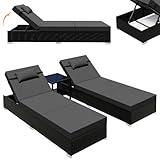 UDPATIO Sonnenliege 2 Personen Set, 3er Gartenmöbel Lounge Set Outdoor inkl. 2 Polyrattan Gartenliegen Wetterfest & 1 Tisch, Sonnenliegen Set für Garten, Terrasse (Schwarz-meliert & Grau Bezüge)