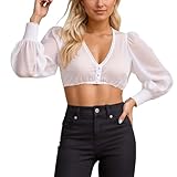 Chnnamzu Dirndlbluse Langarm Puffärmel - Dirndl Bluse Damen Weiß mit 3 Knöpfen V Ausschnitt Elegant Trachtenbluse Transparent Dirndlblusen für Oktoberfest