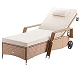 Casaria Polyrattan Sonnenliege inkl. 7cm Auflage mit Kopfkissen 2 Rollen Belastbar bis 160 kg Verstellbare Lehne Garten Terrasse Liege 193x90 cm Creme