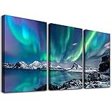 hyidecorart Bilder Nordlichter, Grün Polarlicht Sternenhimmel Bild auf Leinwand, Modern Natur Aurora Landschaft Wandbilder Wohnzimmer Schlafzimmer Küche Esszimmer und Badezimmer