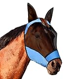 Petbank Fliegenmaske Pferde UV-Schutz Pferde Fliegenmaske mit Ohrenschutz Front Verriegelung Loch/reflektierende Trim Elastische Fliegenmaske für Pferde Atmungsaktive feine Mesh/Darts/Haken (Blau, L)