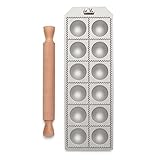 Marcato Ravioli Maker Press, Ravioli-Maschine, hausgemachter Ravioli-Schneider, 50 mm runder Schnitt, großzügiger Füllraum, inklusive Holz-Nudelholz, Hergestellt in Italien